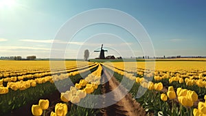 Stunning landscape of tulip field and windmill under a clear blue sky.