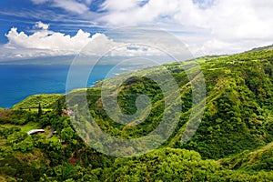 Stunning landscape view seen from Waihee Ridge Trail, overlooking Kahului and Haleakala, Maui, Hawaii