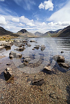 Stunning landscape of Wast Water with reflections in calm lake w
