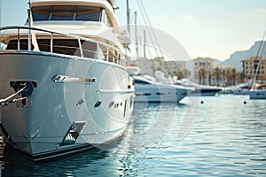 A stunning large white boat rests peacefully in the harbor, blending with the serene beauty of the waterfront, A luxury electric