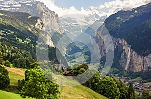 Stunning Lauterbrunnen valley rural view, bird eye view from Murren, Lauterbrunnen, Bernese Oberland, Switzerland, Europe