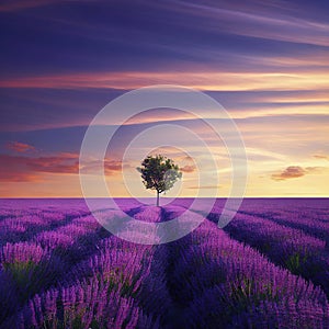 Stunning lavender field landscape Summer sunset with single tree