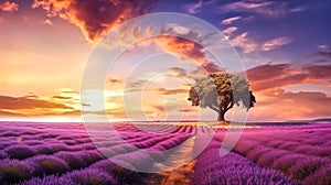 Stunning lavender field landscape Summer sunset with single tree