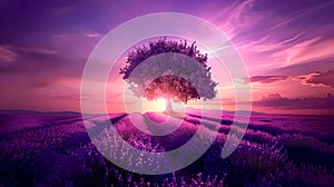 Stunning Lavender Fields at Sunset with a Solitary Tree, Purple Hues Dominate the Landscape. Ideal for Backgrounds and