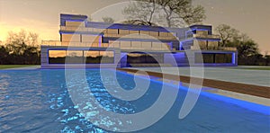 Stunning LED lighting of a contemporary suburbun private estate at night time. Big advanced pool with blue water. Starry sky. 3d
