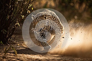 Stunning leopard running through the desert with its paws kicking up sand. Amazing African wildlife