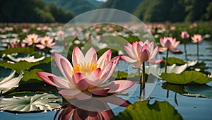 stunning, lotuses ,a lake ,Japan sunlight