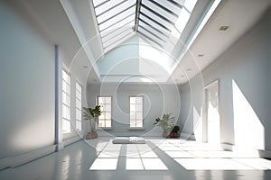 low-angle shot of an empty yoga studio with a large skylight overhead (AIgen) photo