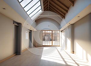 low-angle shot of an empty yoga studio with a large skylight overhead (AIgen) photo