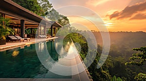 A stunning luxury infinity pool extends over the lush canopy of a tropical forest