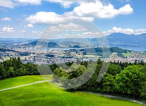 Stunning Luzern urban scenery, bird eye view from cable car from Pilatus mountain, Lucerne, Switzerland, Europe