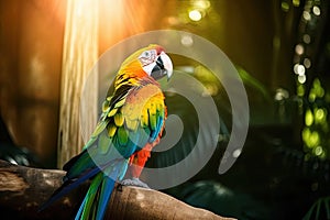 Stunning Macaw parrot sitting on a branch in forest or jungle setting