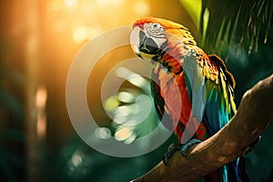 Stunning Macaw parrot sitting on a branch in forest or jungle setting