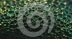 Iridescent teal hexagonal texture macro shot