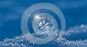 Illuminated snowflake crystal resting on fresh snow