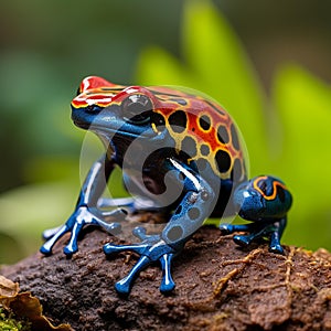 Vibrant Leap: Macro Shot of Colorful Poison Dart Frog on Green Leaf photo