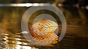 Golden Leaf Drifting on Calm River
