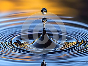 Stunning macro photograph of a water droplet impacting a surface, creating mesmerizing concentric ripples. The goldenhued photo