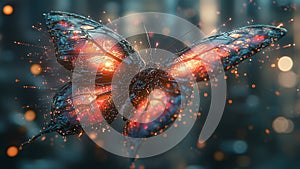 robotic butterfly dodging laser beams in cyberpunk city photo