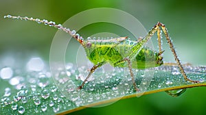 Macro shot of a green grasshopper covered in sparkling water droplets. Generated Ai