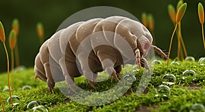 Microscopic water bear walking through green moss