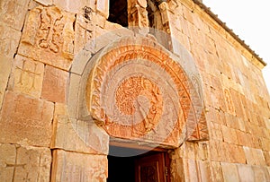Stunning Medieval Tympanum of the First Floor Entrance at the West Facade of Surb Astvatsatsin Church in Noravank Monastery
