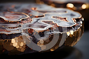 A stunning metallic agate-inspired coffee table with intricate patterns and colors, making it a captivating piece of functional