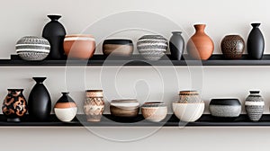 Stunning Mix Of Black, White, And Terracotta Bowls And Vases On Wooden Shelf