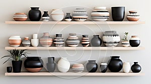 Stunning Mix Of Black, White, And Terracotta Bowls And Vases On Wooden Shelf