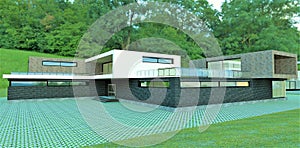 Stunning modern home with a spacious fenced terrace. Black brick walls. Base - gray slate. Forest in the background. 3d render