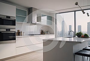 Stunning Modern Minimalist Kitchen with Panoramic City View and Stylish Design