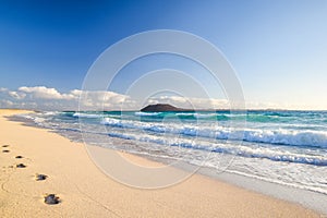 Stunning morning view of the islands of Lobos and Lanzarote seen from Corralejo Beach Grandes Playas de Corralejo on Fuerteventu photo