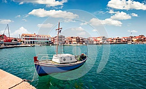 Stunning morning view of Lixouri port. Bright spring seascape of Ionian Sea. Sunny outdoor scene of Cephalonia island. Traveling