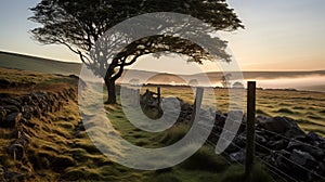 Stunning Morning View Of Stone Fence In English Shrubland photo