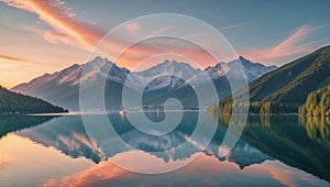 Stunning mountain panorama reflected in serene lake at dawn