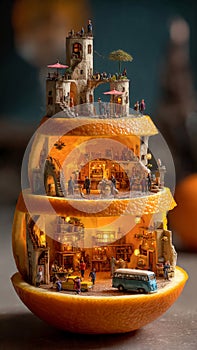 Layered Miniature Fantasy City Inside Stacked Orange Shell Sections