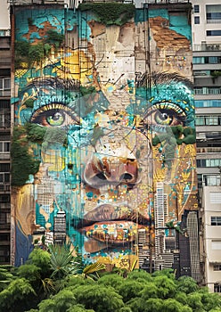 Stunning mural on building features woman\'s face with urban elements.