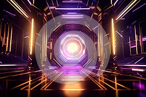 Stunning Neon Art: Award-Winning Design with Intricate Gold and Purple Details on Shiny Walls and Space Background in 8K HD