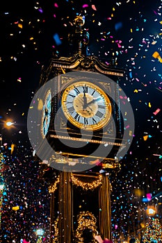 A stunning New Year\'s countdown clock in a vibrant city square, surrounded by cheering crowds and festive decorations photo