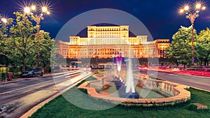 Stunning night view of Palace of the Parliament. Impressive night cityscape of Bucharest city - capital of Transylvania, romaninan