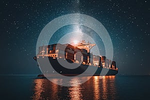 Nighttime View of Container Ship Under Bright Starry Sky