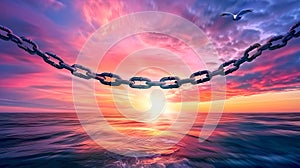 Stunning Ocean Sunset with Silhouetted Chain Links, Peaceful and Powerful Natural Scene, Ideal for Backgrounds and