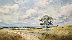 English Countryside Landscape Painting With Tree, Road, And Clouds