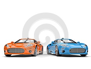 Stunning orange and blue modern super sports cars - side by side