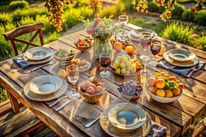 Stunning Outdoor Dining Setting A Breathtaking Aerial Perspective of a Sophisticated Table Arrangement with Fresh Fruit photo