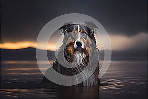 Stunning outdoor pet dog portrait In water pool lake sea ocean