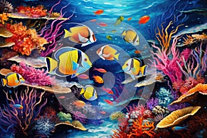 A stunning painting capturing the beauty of a group of fish as they gracefully glide through the ocean, Tropical fish depicted on