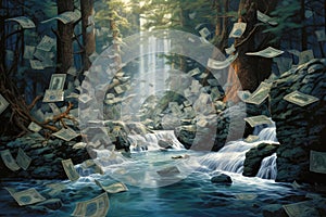 A stunning painting capturing the exhilaration of a waterfall spilling money into a scenic landscape., River of money, concept of