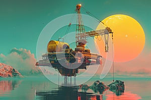 A stunning painting capturing an oil rig located in the center of a vast body of water, A futuristic depiction of a floating crane