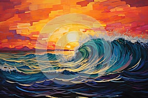 A stunning painting capturing the serene beauty of a sunset over the ocean, Reflection of a vibrant sunset onto an abstract,